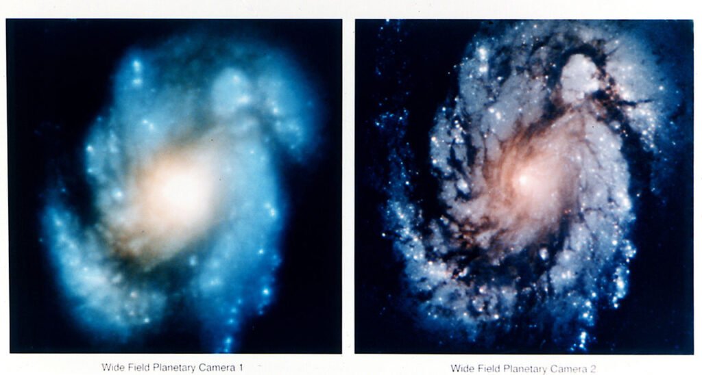 哈伯太空望遠鏡拍攝 M100 星雲照，維修前後差距很大。